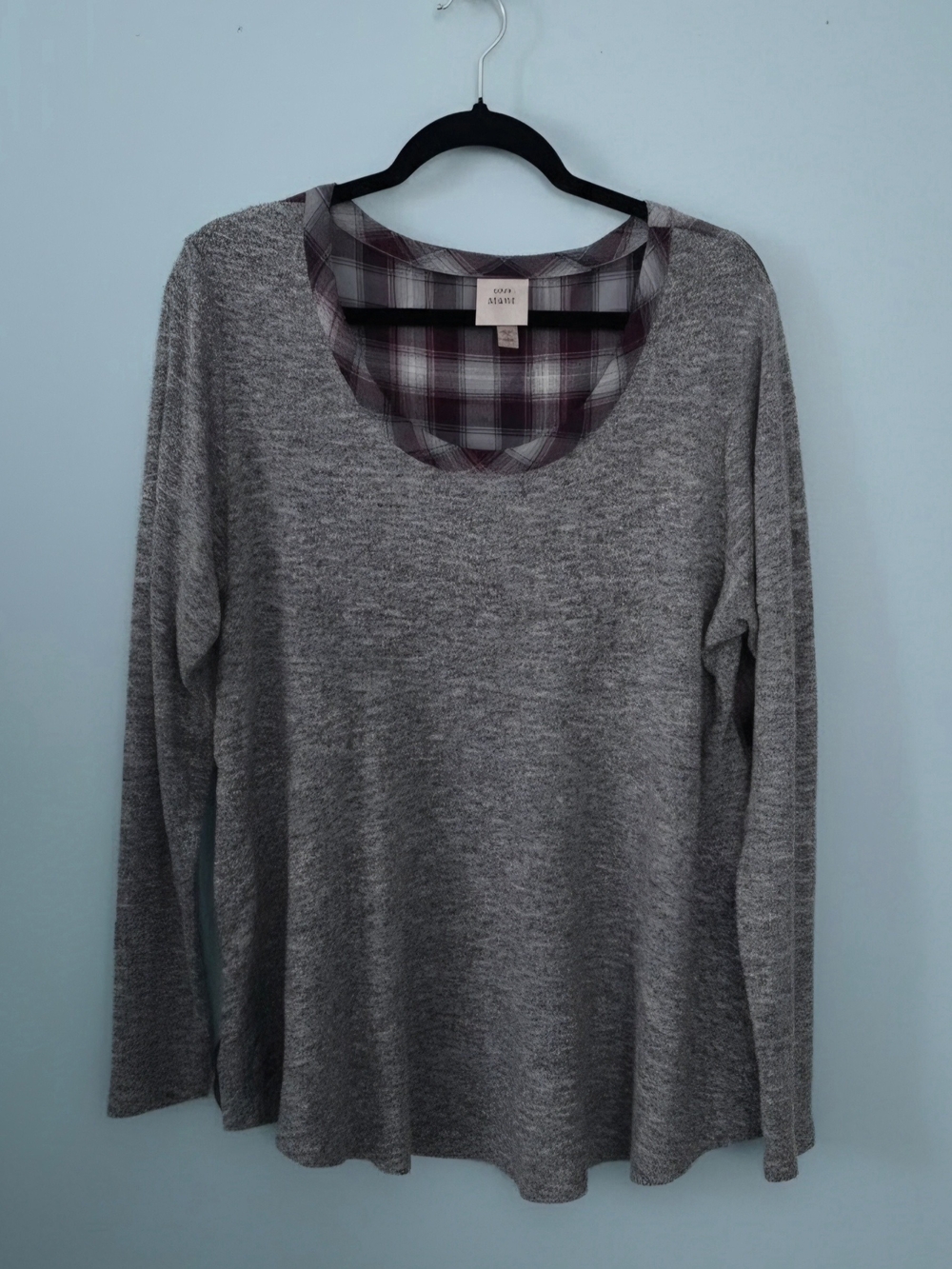 Knox Rose Gray Knit Top with Plaid Scoop Accent